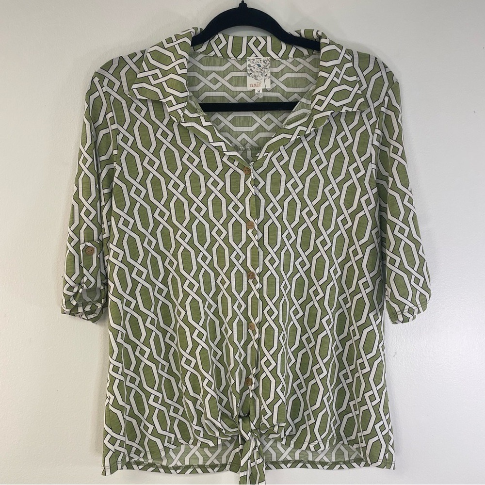 Naif Women Button Down Shirt Geometric Green White Medium Tie Front Casual Chic